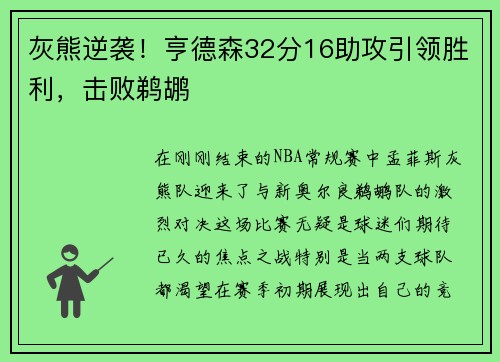 灰熊逆袭！亨德森32分16助攻引领胜利，击败鹈鹕